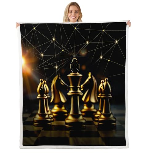 Image of Feelyou Teens Chess Plush Fleece Blanket - Luxury Queen Size Chess Sherpa Throw for Sofa, Bed, Couch - Geometric Abstract Art Golden Room Decor - 50 inchx60 inch