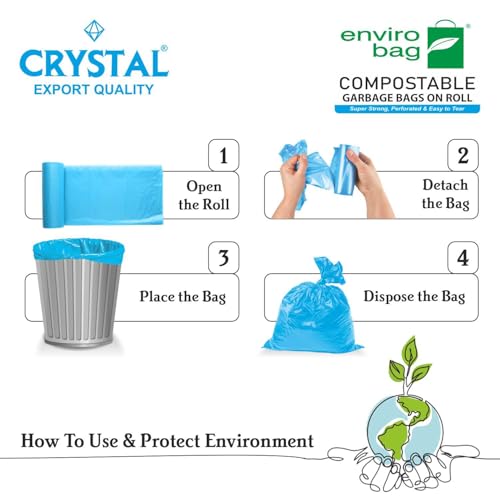 Image of Crystal 100% Compostable Garbage Bags | Small (S) | 45 Counts | 15 Bags X 3 Packs | 17 x 19 Inches | Strong and Durable | For Dry and Wet Waste, Blue