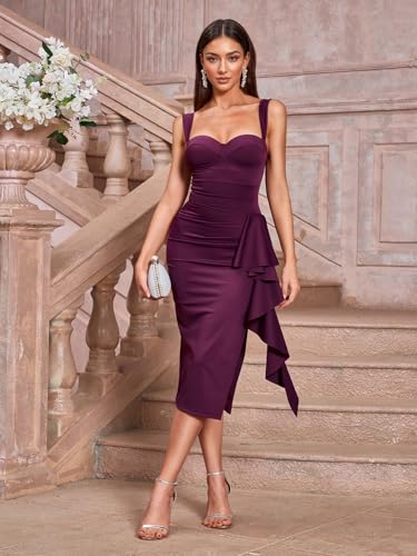 Women's Formal Evening Midi Cocktail Dress Built-in Bra Ruched Sleeveless Slit Ruffle Fall Wedding Guest Dresses3