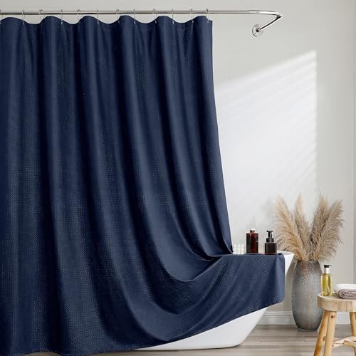 Ebesto Navy Blue Shower Curtain 72 Inch Length 1 Piece Waffle Embossed Textured Soft Fabric Hotel Shower Curtain for Bathroom Modern Polyester Water Repellent Cloth Bath Decor 72Wx72L Inches