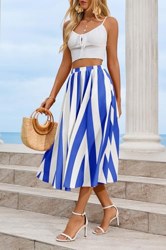 Image of Cicy Bell Womens Summer Striped Maxi Skirts A-Line Beach Vacation Outfits | Elastic Waist, Side Pockets, Flowy, Midi Length, Color Contrast, Trendy Casual