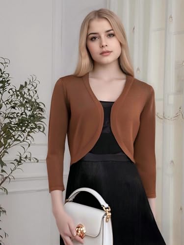 Image of Women's Cropped 3 /4 Sleeve Knit Cardigan - Open Front Bolero Shrug (Brown, X-Large)