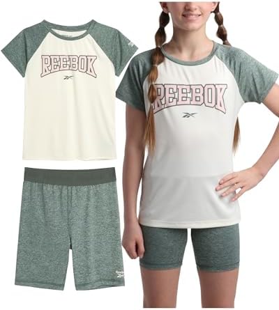 Reebok Girls Active Shorts Set – 2 Piece Dry Fit Performance T-Shirt and Bike Shorts – Summer Girls Athletic Shorts Set, 7-12