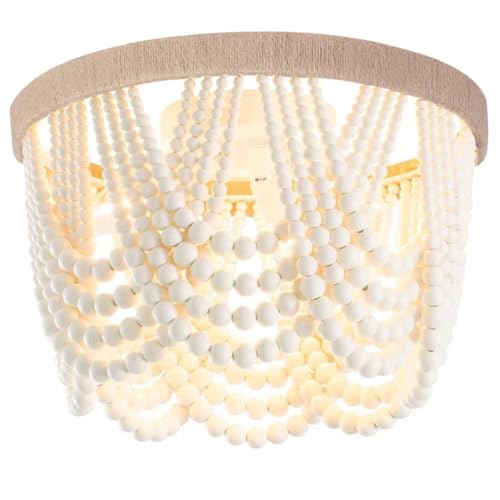 Wuhuyipi Boho Wood Beaded Chandelier, Flush Mount Ceiling Light,Farmhouse Rustic Jute Wooden Bead Chandeliers Fixture for Drawing Room，Bedroom,Hallway, Entryway,Dining Room(3-Light)