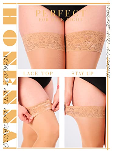 Image of HONENNA Plus Size Thigh High Stockings, Semi Sheer Stay Up Lingerie Lace Top Pantyhose for Curvy Women