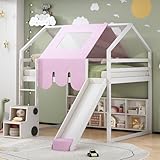 LZ LEISURE ZONE Full Size Loft Bed with Slide, Wooden Full House-Shaped Frame with Ladder, Shelves and a Tent, White