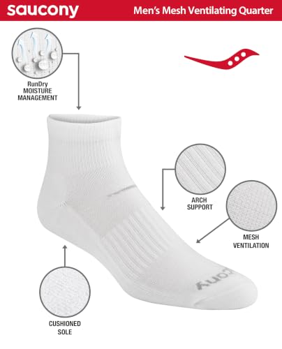 Image of Saucony Men's Rundry Mesh Ventilating Comfort Fit Performance Quarter Socks (6, 12 Pairs)
