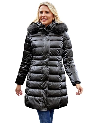 Women's Long Winter Coat Puffer Warm Down Jacket with Detachable Hood Removable Faux Fur Trim Thickened Jacket