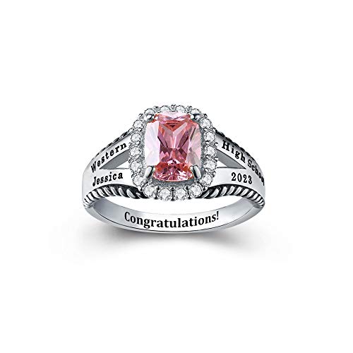 PJM Customized Sterling Silver Women’s High School Class Ring – Style Collection – Fully Personalized (Sterling Silver Platinum)