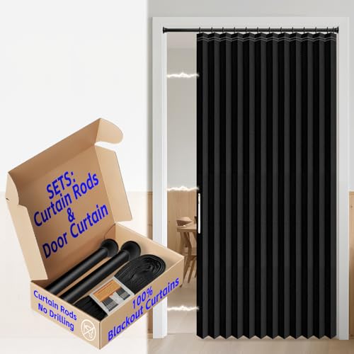 Image of AJAZZ Blackout Magnetic Door Curtain with Curtain Rods Adjustable 28-52 inch Long Pleated Door Curtain Folding Door Invisible Applicable Bedroom Room Living Room Doorway (1 Pack, 52 W x 78 L, Black)