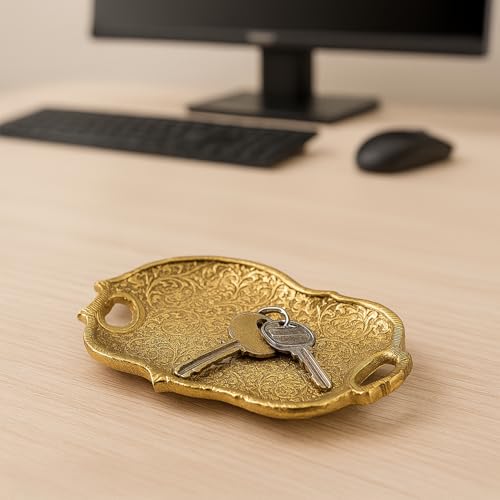 Image of MARKET 99 Golden Decorative Serving Tray | Glossy Aluminium Embossed Platter for Home Decor & Table Setting | Designer Centerpiece Tray for Dining, Coffee Table, Festive & Housewarming Gifting