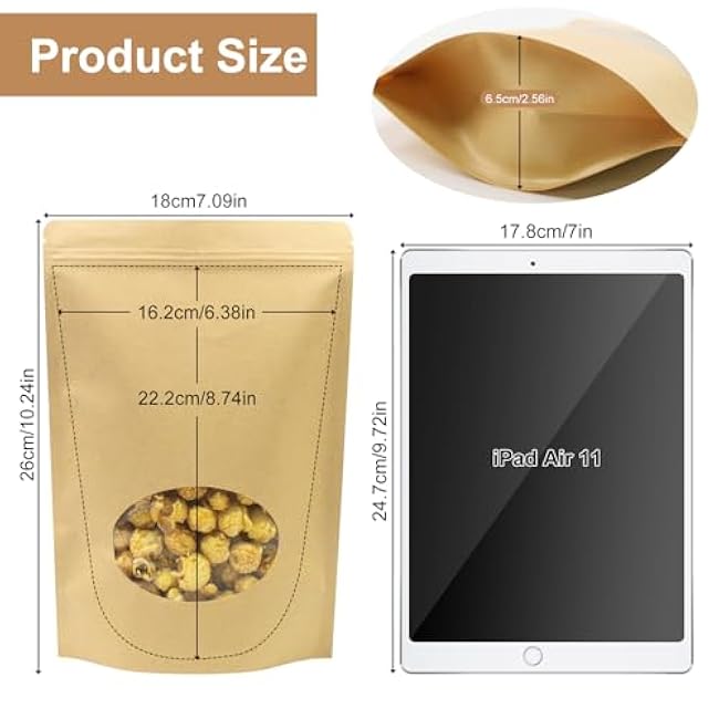 SumDirect 100Pcs Kraft Paper Bag Zip Lock,Stand-up Reusable Sealing Bag with Transparent Window and Tear Notch for Storing,Cookie,Dried Foods,Snack (7x 10 Inch-100Pcs)