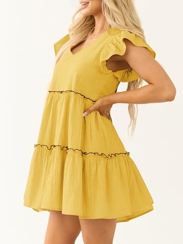 Image of Women's Summer Babydoll Mini Dress V Neck Tie Back Ruffle Sleeve Casual Tiered Loose Flowy Swing Tunic Shift Dress