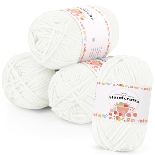 Aeelike 200g(4x50g) Wolle Baumwollgarn zum Häkeln, Strickgarn Polyacryl Häkelwolle Bunt Zum Stricken, Häkeln und Kunsthandwerk, 5Ply Acrylwolle Set Baumwolle für Anfänger, Profis, Weiß