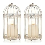 NUPTIO Decorative Bird Cage Lantern: 2 Set of 10 inch Tall Rustic White Birdcage Lanterns Centerpiece Vintage Decorating Metal Pillar Candle Holder for Christmas Bridal Shower Party Decor