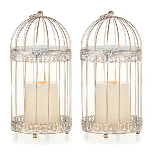 NUPTIO Decorative Bird Cage Lantern: 2 Set of 10 inch Tall Rustic White Birdcage Lanterns Centerpiece Vintage Decorating Metal Pillar Candle Holder for Christmas Bridal Shower Party Decor