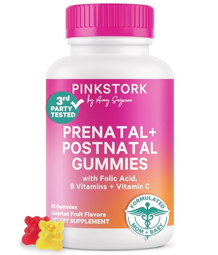 Pink Stork Fertility + Prenatal + Postnatal Gummy Vitamins – Full Motherhood Journey Support – Multivitamin with Folate, B Vitamins, Zinc & Biotin – Postpartum Essentials - 60 Assorted Fruit Gummies