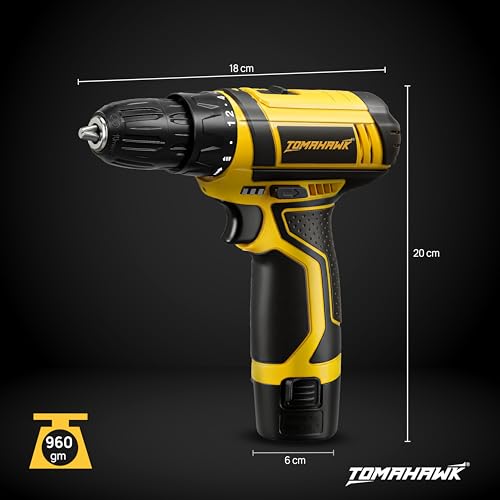 Image of Tomahawk DSS-4222 12V Cordless Drill Machine & Screwdriver for Home | 10mm Keyless Chuck | 2-Speed 350 /1350 RPM | 28 Nm, 18+1 Clutch | 1.5Ah Battery + Charger | LED Light & Battery Indicator