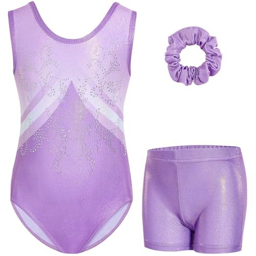Gogokids Ärmelloses Gymnastiktrikot-Set für Mädchen dreiteilig mit Shorts und Haargummi Kinder Gymnastik Outfits mit Aushöhlen & überkreuztem Design Glitzer Ballett-Einteiler für Alter 3-12