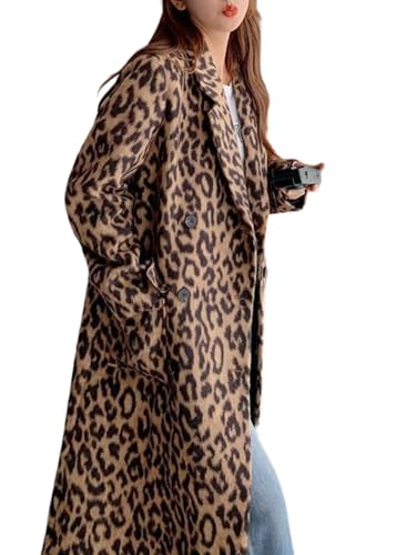 utcoco Womens Leopard Long Wool Trench Coat Notched Lapel Double Breasted Pea Coat Winter Warm Overcoat