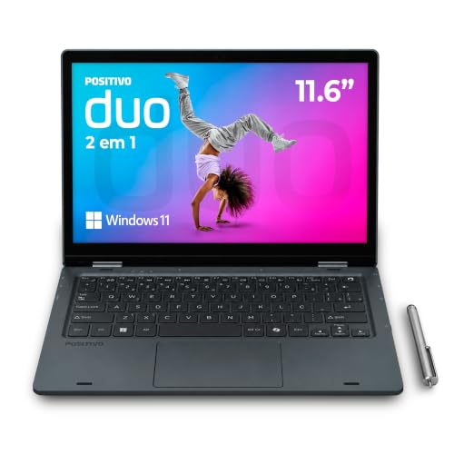 Notebook 2 em 1 Positivo Duo Intel Celeron N4500 4GB RAM 128GB de Armazenamento Tela 11' HD IPS touch com caneta capacitiva, Windows 11 Home – Cinza – C4128E
