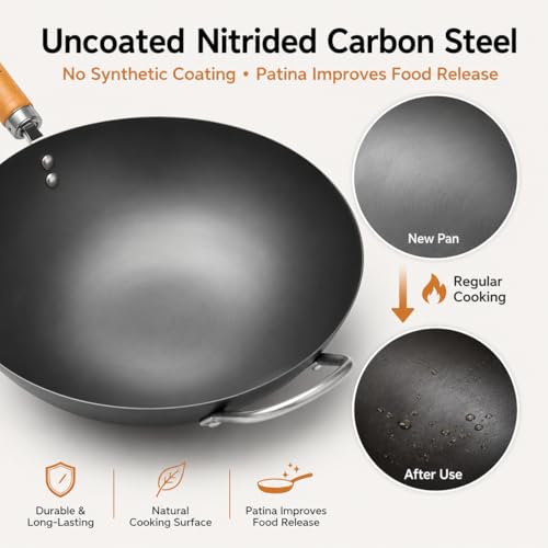 Image of WANGYUANJI 12.6 Inch Carbon Steel Wok with Lid, Flat Bottom Wok Pan for Induction, Electric and Gas Stoves, Uncoated Chinese Stir Fry Pan with Wooden Handle