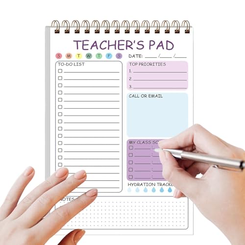教師用メモ帳シート - デイリープランナーメモ帳 | 50枚 Teacher To-doリストパッド、5.8 x 8.3インチ スパイラル綴じメモ、かわいい筆記整理、ツインコイルタスクスケジューラー 教室小学校用