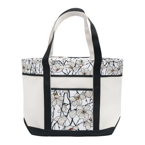 RainCaper Fine Art Large Cotton Canvas Tote Bag Roomy Heavy Duty Sturdy Boat Bag Zippered Top Lots of Pockets Shoulder Straps