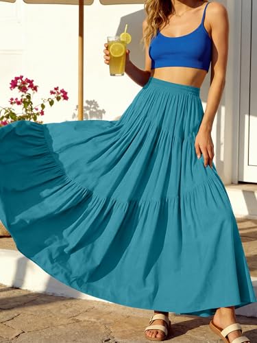 Image of ANRABESS Women's Boho Elastic High Waist Pleated A-Line Flowy Swing Asymmetric Tiered Maxi Long Skirt Dress with Pockets