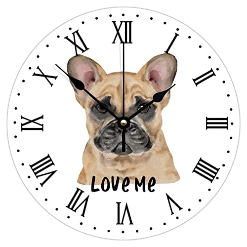 Orologio da parete con bulldog francese, motivo con numeri romani Love Me Bulldog francese, rotondo da parete, per soggiorno, bagno, decorazione da parete, 23,3 x 23,3 cm