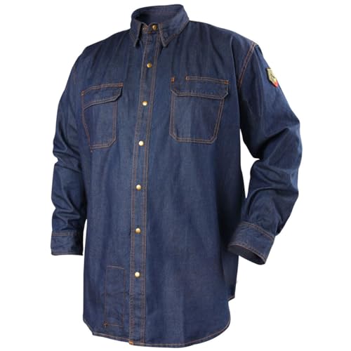 Product Image of the Black Stallion (FS8-DNM Men's 8 oz Long Sleeve Flame-Resistant Treated Cotton Denim Work Shirt, Chest Pocket with Flaps, Durable Metal Flaps, Denim, Large