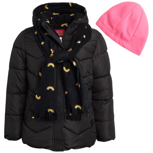 Pink Platinum Girls’ Winter Coat – Fleece Lined Bubble Puffer Jacket, Scarf, Beanie (4-16), Size 7-8, Black/Rainbow Print #TOP8