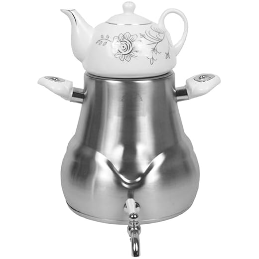 Traditional Large Capacity Classic Iranian Samovar Russian Persian Turkish Tea Maker Water Kettle Heavy Thick Stainless Steel Ceramic Porcelain Teapot 6+1=7 Liter W/Faucet