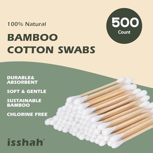 Bamboo Cotton Swabs - 500 Count - FSC Certified and PETA Approved, Eco Friendly Double Tips, Plastic Free Ear Sticks, All Natural 100% Biodegradable Organic Cotton buds by Isshah