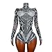 Tyian Rhinestone Fashion Hands Printed Long Sleeve Bodysuit Performance Singer Pole Dancing Club Birthday Show Stage Costume (Grey)