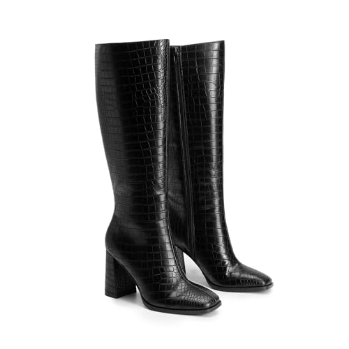DREAM PAIRS DREAM PAIRS Knee High Boots for Women Square Toe Gogo Chunky Heel with Side Zip,Size 7.5,Black-Croco,SDKB2407W