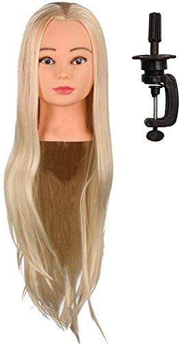 FFWIGS 26inch Peluquería Práctica Cabeza de Maniquí Modelo Largo Directamente Dorado Rubia Sintético Fibra Cabello Maniquí Muñeca Cabeza con Estar para Barbero Salón