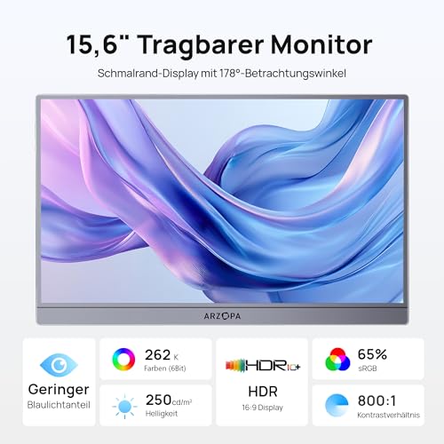 ARZOPA Portable Monitor 15,6 Zoll FHD 1080P, Tragbarer Monitor Space Grau Ultra-Slim mit Kickstand, IPS Display für Laptop, PC, Mac, PS5, Xbox, Switch, USB-C & HDMI Anschluss, A1 Grau