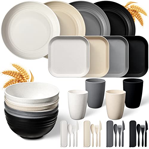Didaey Wheat Straw Dinnerware Sets Unbreakable Microwave Safe Plates And Bowls Sets Reusable Plastic Lightweight Knives Forks Spoons For Kitchen Outdoor Camping Party Picnic Home Kids Adults (32 Pcs) #TOP21
