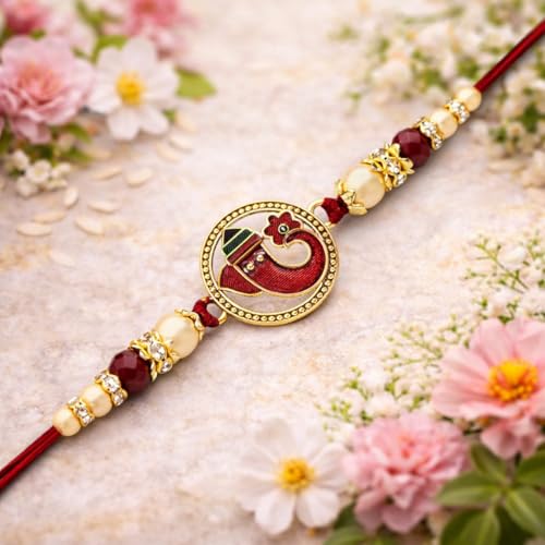 Image of Riddhika Ventures Religious Gold Plated Meenakari Sacred Ganesha Rakhi with Roli Chawal and Greeting Card