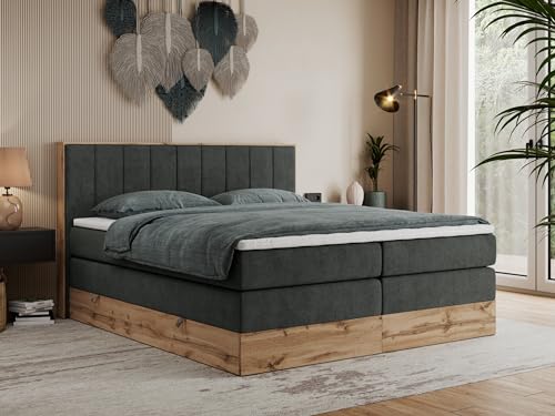 MKS MEBLE King Boxspringbett 180x200 cm mit Bettkasten Eiche, Polsterbett mit Matratze H4 und Topper T25, Bett mit Rahmen in Wotan Eiche und Kopfteil - Dunkelgrau Strukture - Bellissimo King