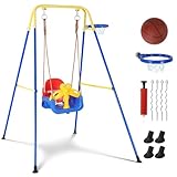4-in-1 Kinderschaukel Babyschaukel mit Basketballkorb, zusammenklappbar, sicherer Metallrahmen Schaukelgestell, Sicherheitsgurt, Indoor & Outdoor, ab 6 Monaten