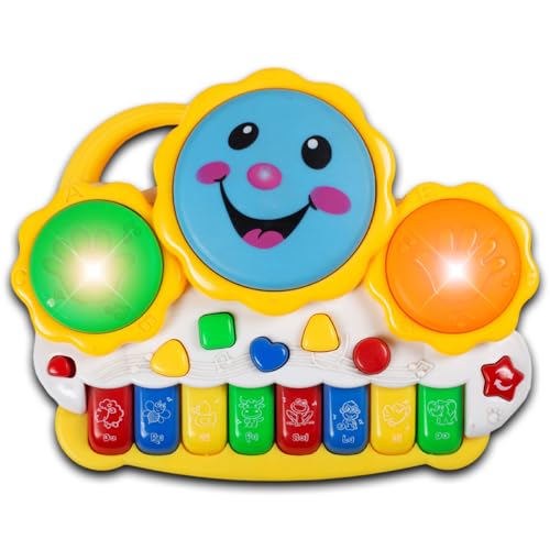 Image of Gooyo GY-88034 Musical Drum & Electronic Piano Keyboard Toy with Animals Sounds Flashings Lights & Music | Piano Keyboard Toy for Kids | Yellow | 3xAA Battery (Not Included) | Gift Box Packaging