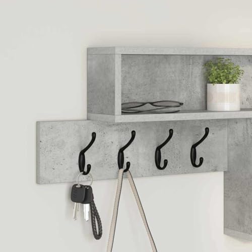 Porte-manteau mural durable en bois gris béton de 100 cm avec crochets robustes et étagère - 5