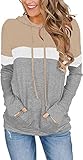 VIGVAN Damen Hoodie Farbblock Kapuzenpullover Casual Pullover Sweatshirt Gestreifte Langarmshirt Kordelzug Oberteile mit Taschen (L, Khaki)