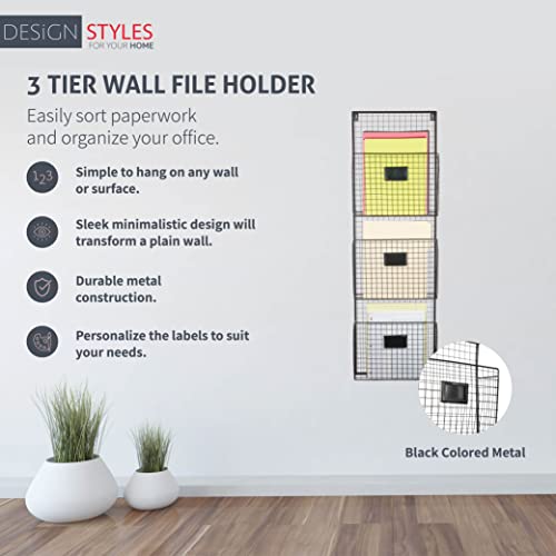 Designstyles Three Tier Wall File Holder – Durable Black Metal Rack with Spacious Slots for Easy Organization, Mounts on Wall and Door for Office, Home, and Work - Thumbnail 4