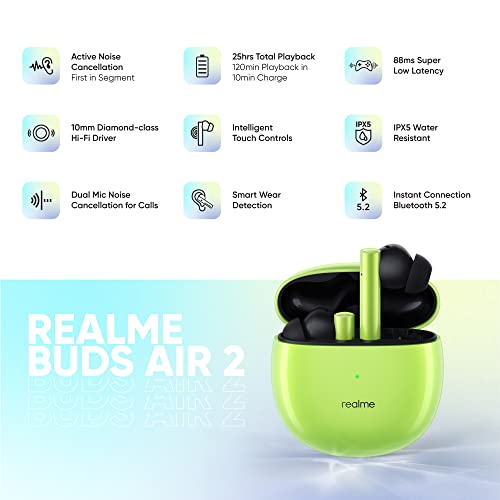 Image of realme Buds Air 2 True Wireless in Ear Earbuds with Active Noise Cancellation (ANC), Super Low Latency Gaming Mode, Smart Wear Detection, Fast Charging & Up to 25Hrs Playtime (Closer Green)