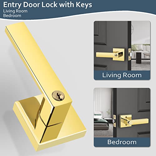 Ehomeware 2 Pack Bedroom Door Knobs With Lock And Key, Keyed Alike Brass Door Handles For Interior/Exterior Doors, Modern Entry Door Lever Handle Lock In Polished Brass Finish #TOP2