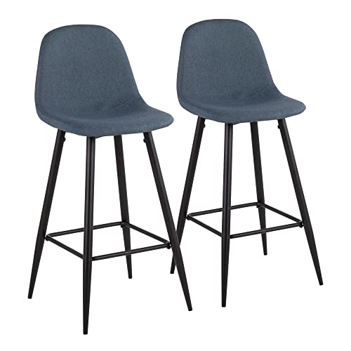 Lumisource Pebble Mid-Century Modern Barstool In Black Metal And Blue Fabric - Set Of 2 #TOP11