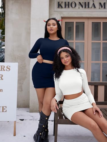 Image of LAGSHIAN Women Sexy 2 Piece Outfits Long Sleeve Crop Top Bodycon Mini Skirt Club Suits Dress